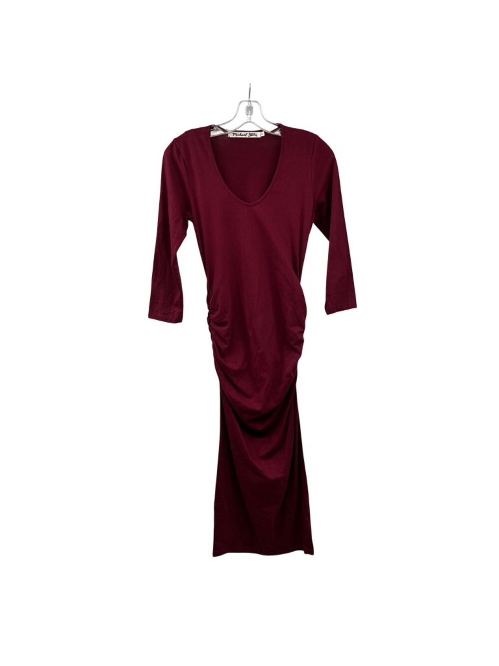 Michael Stars Bodycon Midi Dress 3/4 Sleeve Maroon Womens Size Small Ruched